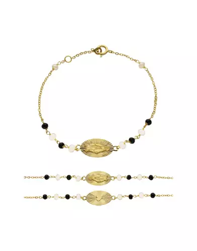 Bracelet Médaille Miraculeuse Soleillée Or Jaune 18K Multi Pierres Noires & Blanches