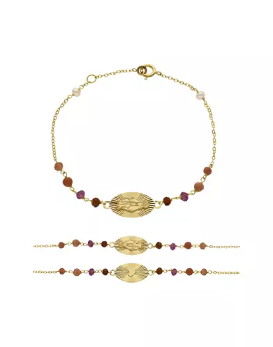 Bracelet Médaille Miraculeuse Soleillée Or Jaune 18K Multi Pierres Roses & Violettes