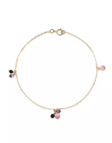 Bracelet Or jaune 18K 6 Pampilles Pierres Fines Violettes et Roses