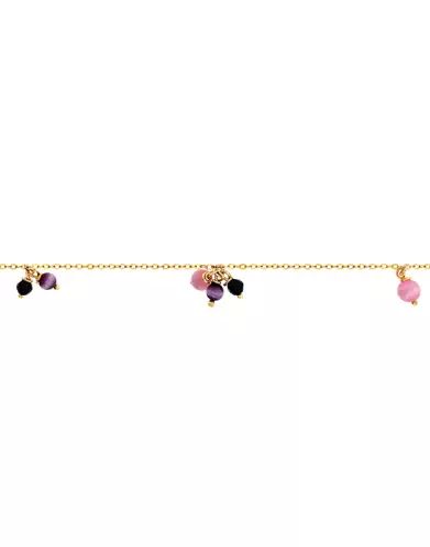 Bracelet Or jaune 18K 6 Pampilles Pierres Fines Violettes et Roses