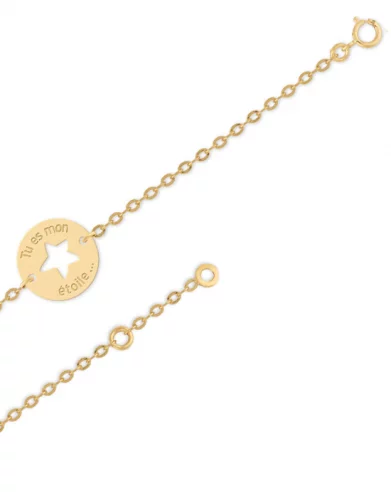 Bracelet Médaille Ronde Ajourée Étoile Gravé « Tu es mon étoile » en Or