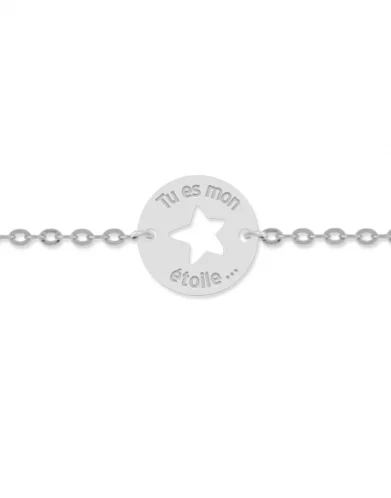 Bracelet Médaille Ronde Ajourée Étoile Gravé « Tu es mon étoile » en Or