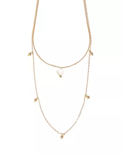 Collier Double Rang et Grelots en Or Jaune 18K et Cœur de Nacre