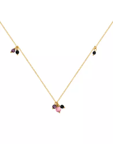 Collier Chaîne en Or Jaune 18K Pampilles Pierres Fines Violettes et Noires