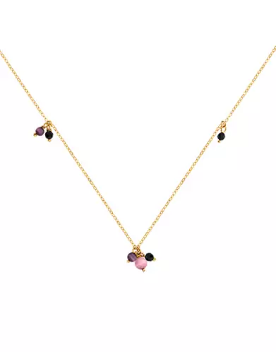 Collier Chaîne en Or Jaune 18K Pampilles Pierres Fines Violettes et Noires