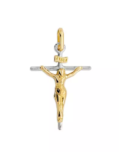 Pendentif Bicolore Croix Latine en Or Blanc et Christ en Or Jaune