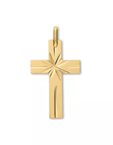 Pendentif Croix Latine Étoilée et Rainurée en Or