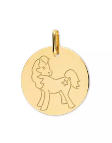 Médaille Ronde en Or Gravée Petit Poney Élégant Personnalisable