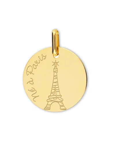 Médaille Ronde en Or Gravée Né à Paris et Tour Eiffel Personnalisable
