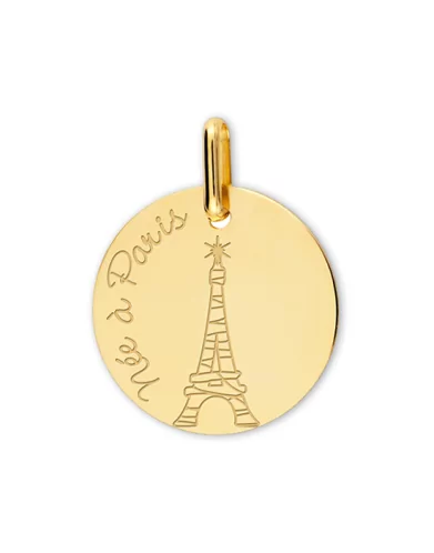 Médaille Ronde en Or Gravée Née à Paris et Tour Eiffel Personnalisable