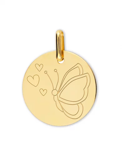 Médaille Ronde en Or Gravée Petit Papillon et Cœurs Personnalisable