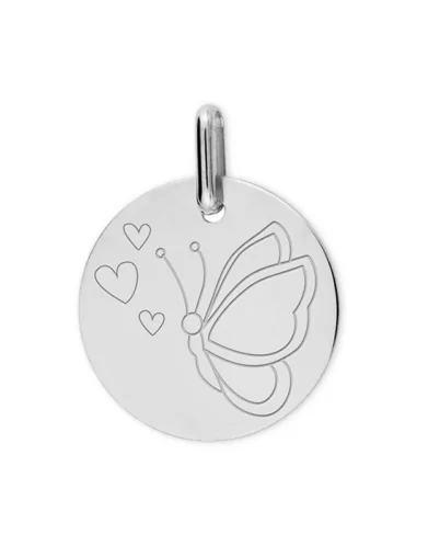 Médaille Ronde en Or Gravée Petit Papillon et Cœurs Personnalisable