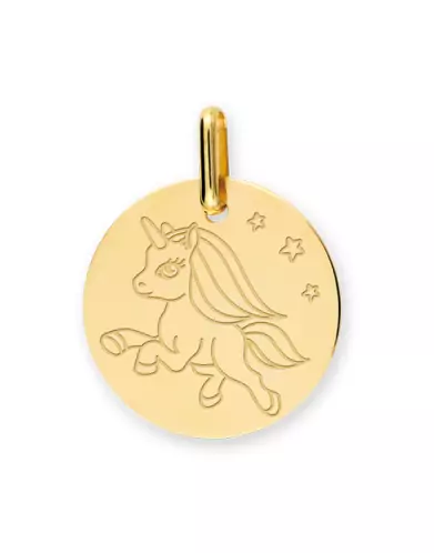 Médaille Ronde en Or Gravée Licorne Personnalisable