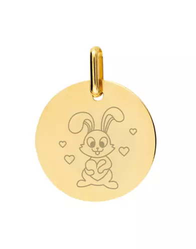 Médaille Ronde en Or Gravée Lapin Cœurs Personnalisable