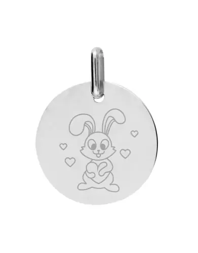 Médaille Ronde en Or Gravée Lapin Cœurs Personnalisable