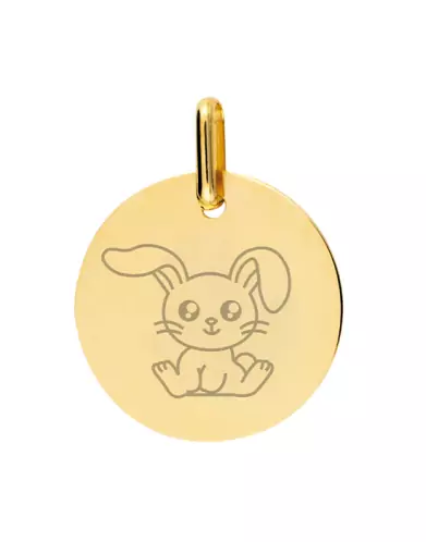 Médaille Ronde en Or Gravée Lapin Mignon Personnalisable