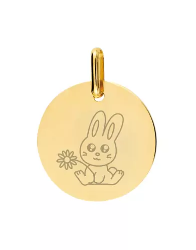 Médaille Ronde en Or Gravée Lapin Fleur Personnalisable