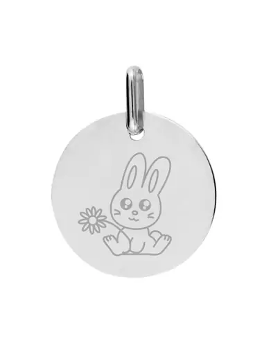 Médaille Ronde en Or Gravée Lapin Fleur Personnalisable