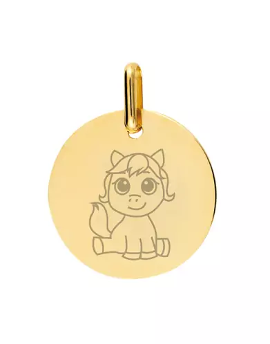 Médaille Ronde en Or Gravée Poney Mignon Personnalisable