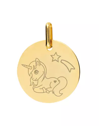 Médaille Ronde en Or Gravée Licorne Étoile Filante Personnalisable