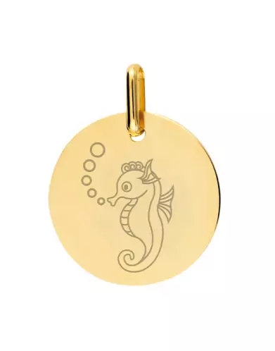 Médaille Ronde en Or Gravée Hippocampe Personnalisable