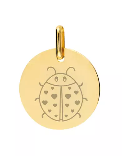 Médaille Ronde en Or Gravée Coccinelle Cœurs Personnalisable