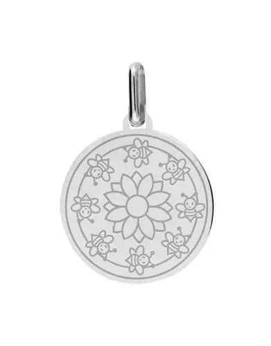 Médaille Ronde en Or Gravée Fleur Cercles et Abeilles Personnalisable