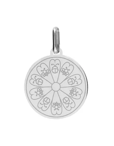 Médaille Ronde en Or Gravée Cercle Fleur Abeilles et Coccinelles Personnalisable