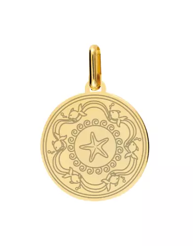 Médaille Ronde en Or Gravée Cercle Étoile de Mer et Poissons Personnalisable