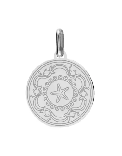 Médaille Ronde en Or Gravée Cercle Étoile de Mer et Poissons Personnalisable