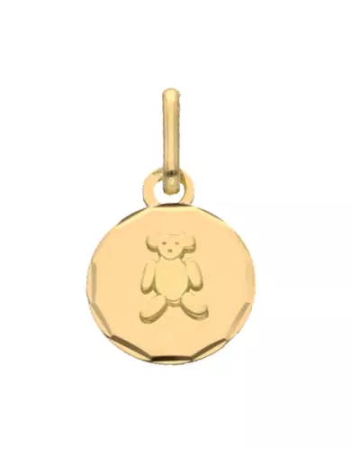 Médaille Ronde en Or Petit Ourson Contour Diamanté Personnalisable