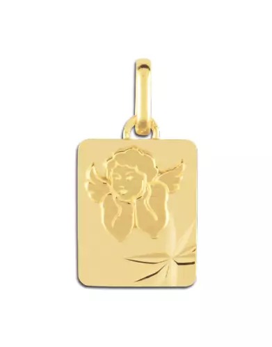 Médaille Rectangle Étoilée et Ange en Relief en Or Personnalisable