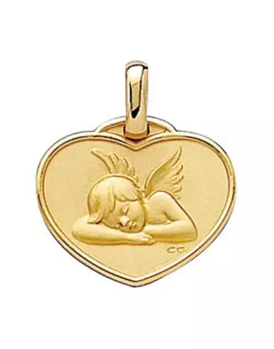 Médaille Cœur Ange qui Dort Bordure en Relief en Or Personnalisable