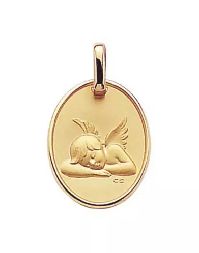 Médaille Ovale Ange qui Dort et Bordure en Relief en Or Personnalisable