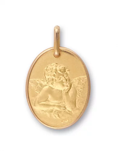 Médaille de Baptême Ovale Bordure et Ange Penseur en Relief en Or Personnalisable