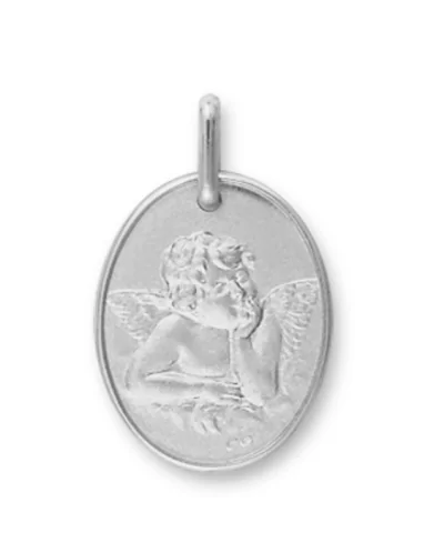 Médaille de Baptême Ovale Bordure et Ange Penseur en Relief en Or Personnalisable