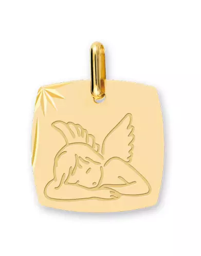 Médaille Carrée Étoilée Ange Qui Dort Moderne en Or Personnalisable