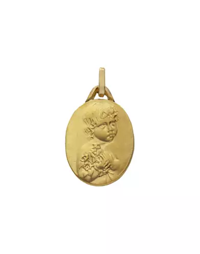 Médaille Ovale Ange aux Fleurs en Or Personnalisable