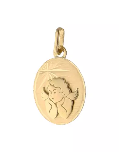 Médaille Ovale Étoilée avec Ange Pensif en Relief en Or Personnalisable
