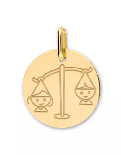 Médaille Ronde en Or Enfant Zodiaque Balance Personnalisable