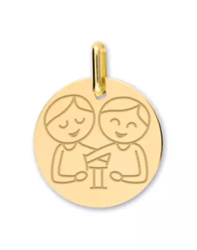 Médaille Ronde en Or Enfant Zodiaque Gémeaux Garçon Personnalisable