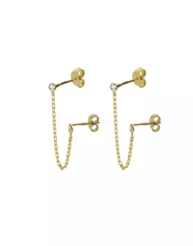 Boucles d'oreilles à chaine 2 trous et diamants en or